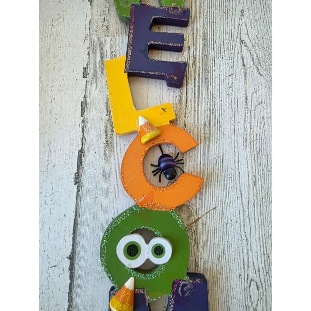 Wooden‎ welcome Halloween candy corn spider home decor